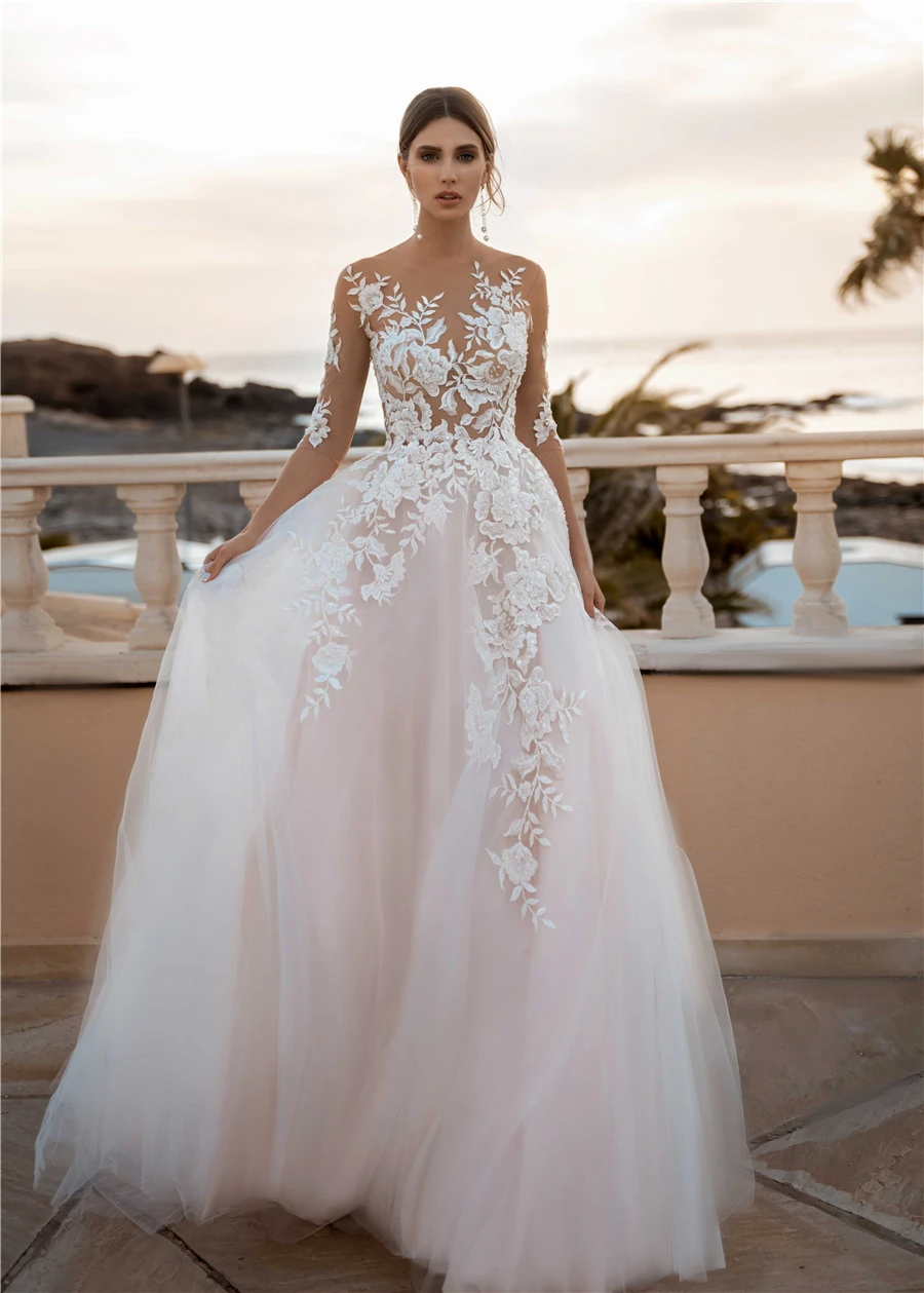 Sexy See Trough Summer Boho Beach Wedding Dresses 3/4 Sleeve Illusion Lace Tulle Floral Bridal Gowns Vestidos De Noiva