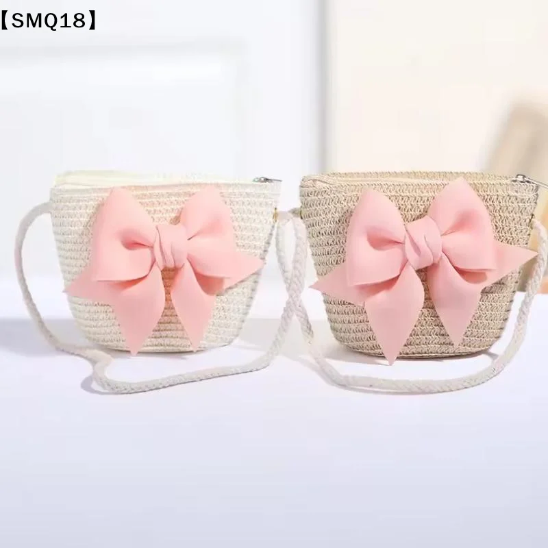 Cute Bow Straw Shoulder Bags Baby Girls Handmade Woven Crossbody Bag Princess Kids Messenger Bags Coin Purse Beach Handbags【SMQ】