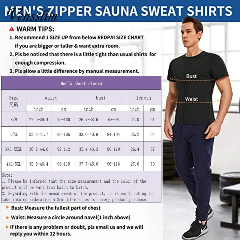 Vensslim Zipper Weight Loss Body Shaper Sauna Suits Men Belly Trimmer Sweat Gym Tops Waist Trainer Short Sleeve Fat Burner Vest