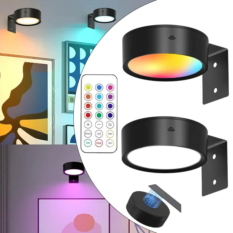 

Магнитный настенный светильник с изображением и дистанционным управлением, светодиодный светильник с художественной рамкой RGB с регулируемой яркостью, на батарейках, галерея, настенный декор, прожектор