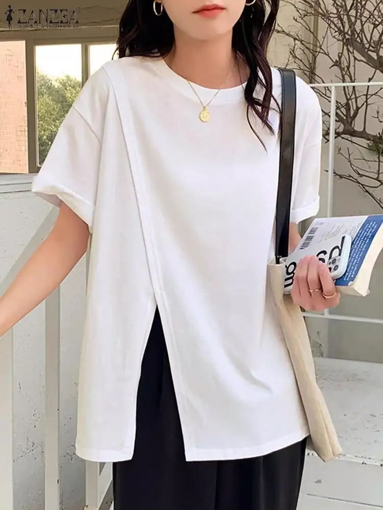 ZANZEA Women Asymmetrical Tops 2024 Summer Short Sleeve Round Neck Tees Casual Loose Solid T Shirt Holiday Korean Patchwork Tops