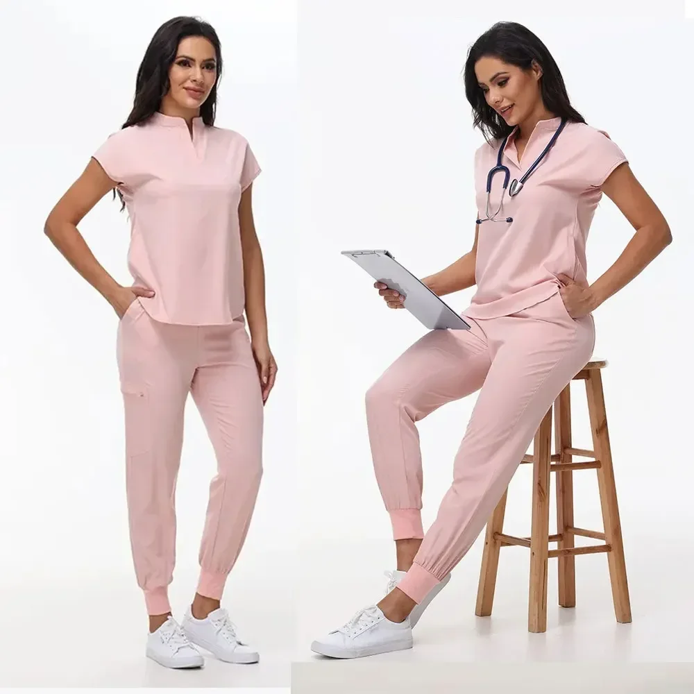 Medizinische Uniform, trendiges Damen-Peeling-Set, dehnbar, weich, Y-Ausschnitt, Oberteil, Hose, Krankenhaus, Haustierklinik, Arztkostüm, Kontrastfarben