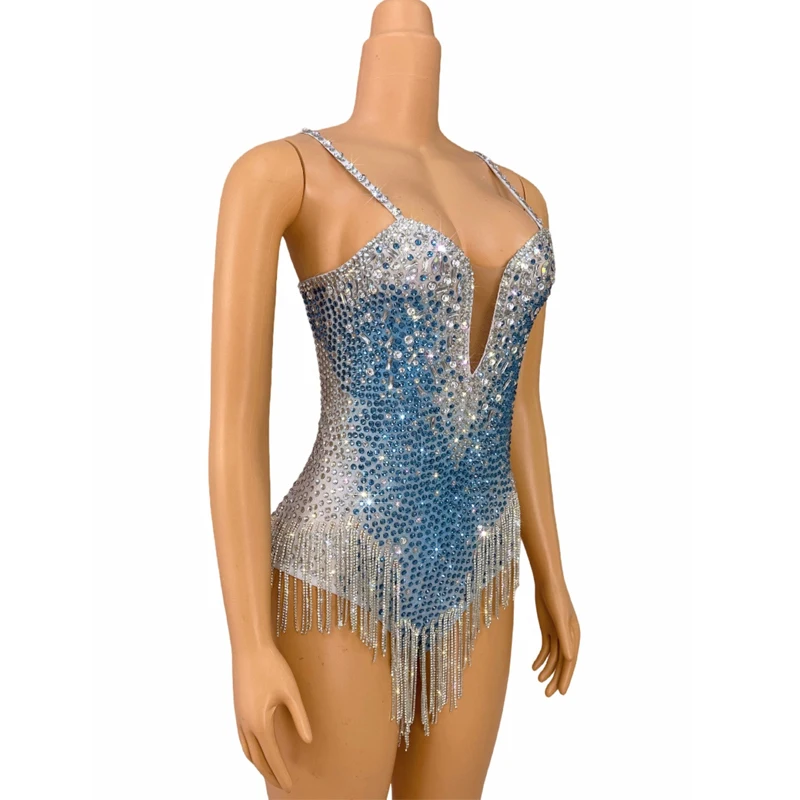 Costume de chanteuse de fête en tricot pour femme, costume de batterie à franges, tenue de scène, bleu, argent, biscuits, boîte de nuit, DJ, festival, DS, XS8898