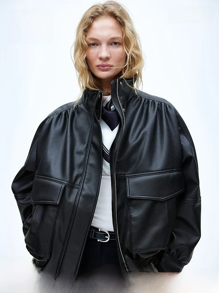 

Spring 2026 New Women's Coated Pilot Jaet HM2026 Stand Collar Regular Length Polyester Fiber 00% H&M Brand Ladies Leather ...