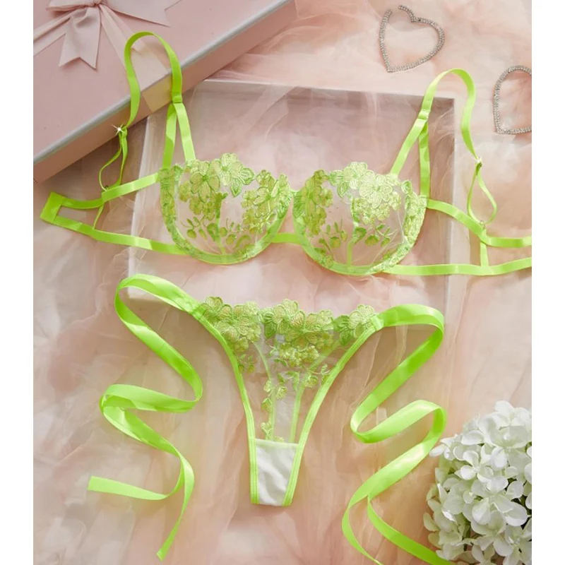 

Fancy Underwear Women Set Luxury Embroidery Erotic Lingerie Fluorescent Green Transparent Underwear Sexy Adult Intimate Bra Sets