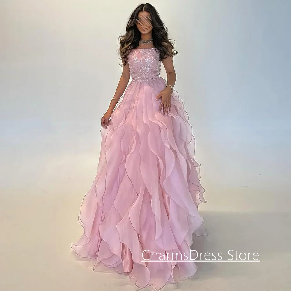 فستان سهرة من الأورجانزا مكشكش مخصص بدون حمالات بدون أكمام مطرز بالخرز بطول الأرض فساتين حفلات المملكة العربية السعودية #3