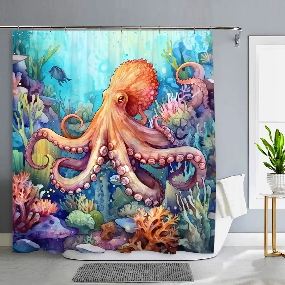 Ocean Animals Bathroom Curtains Watercolour Octopus Jellyfish Turtle Polyester Fabric Washable Shower Curtains Bathroom Decor