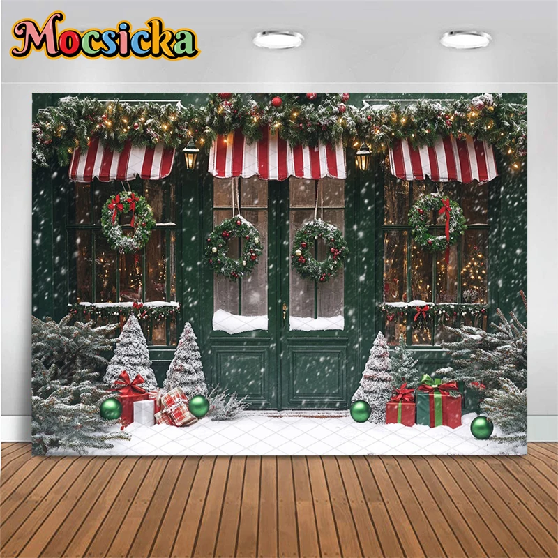 Mocsicka 크리스마스 녹색 집 배경 사진 겨울 눈송이 파티 사진 배경 활 화환 나무 문 장식 배너