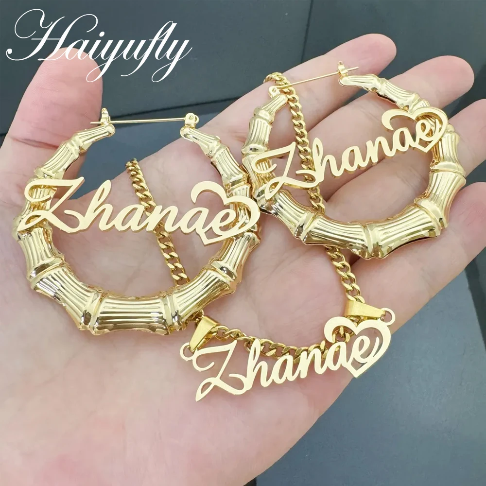 

Haiyufly 2 PCS Customized Name Necklace Bamboo Earring Stainless Steel Jewelry Sets for Women High Quality Personalized Gift