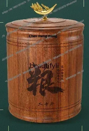 S7486teae Black and gold sandalwood solid wood rice barrel 10kg 15kg household wooden lid sealed insect-proof moisture-proof ric