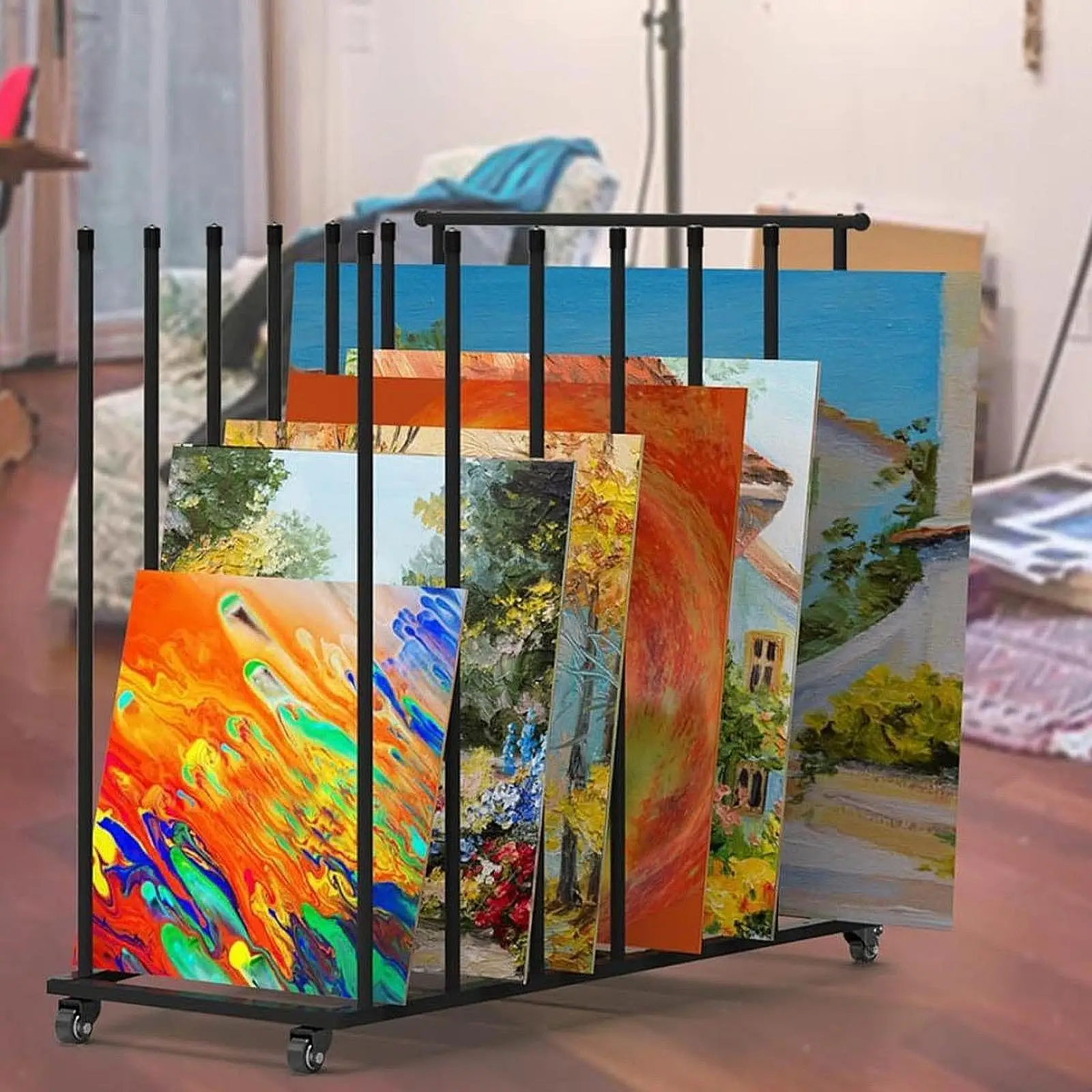 

Carton Storage Rack Cart with Wheels for Warehouse Canvas Panel Organizer