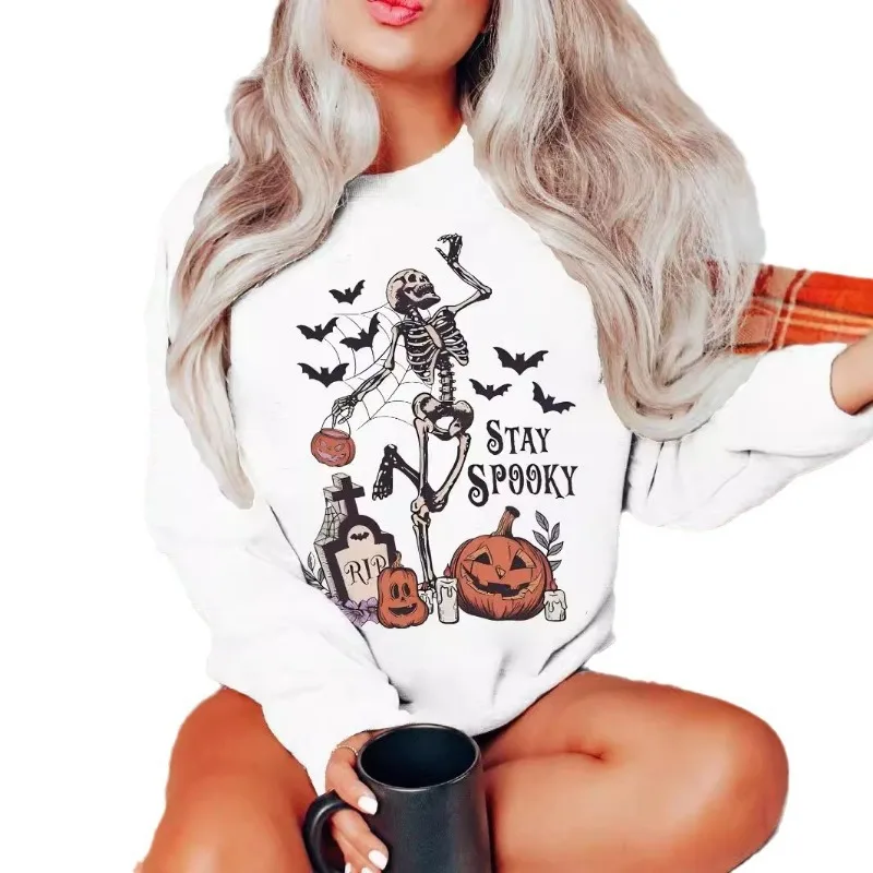 Cartoon Halloween bedrukte schoudertrui Wit casual nieuw veelzijdig sweatshirt