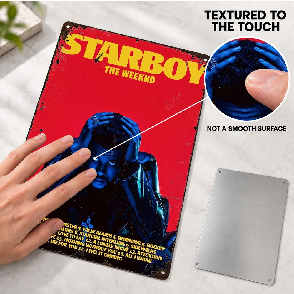 The Weeknd Starboy Album Textured Metal Poster Customized Aluminum Sign Blue Face Red Backdrop Graphic Wall Art For Music Room