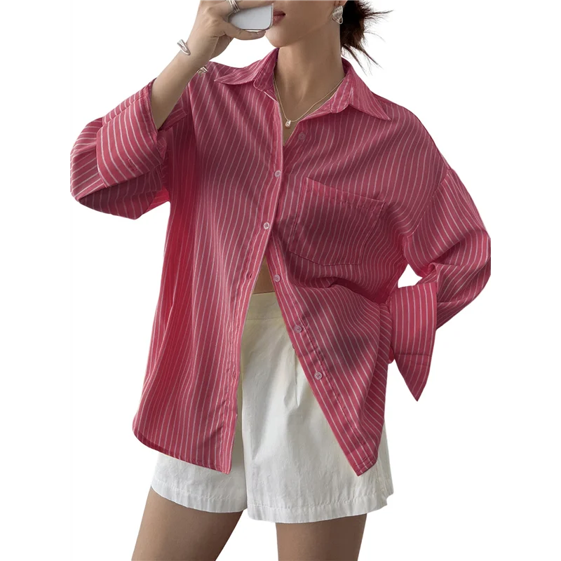 

CYL-Women's Button-Down Shirts, Striped Formal Shirts, Long Sleeves, Lapels, Office Work Shirts, Tops