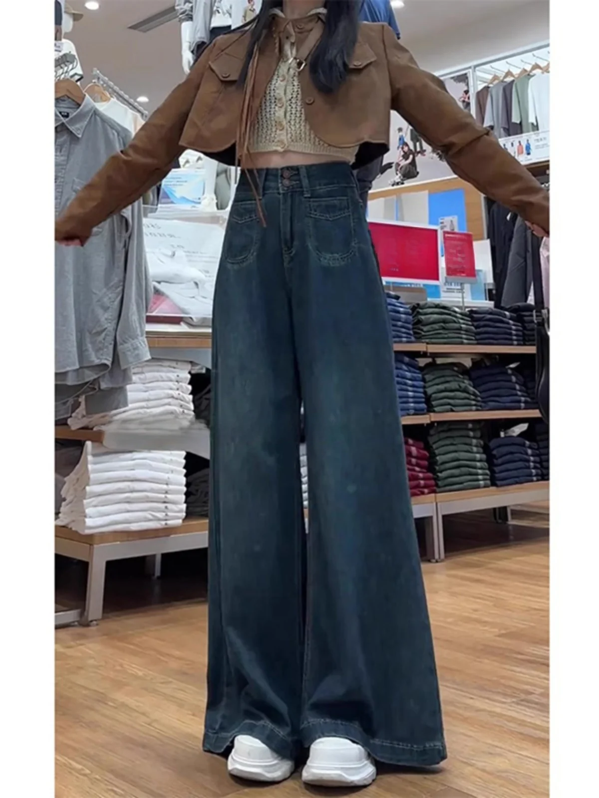 ディープブルー フェイスライン デニムジーンズ レディース 秋冬 プラスサイズ ルーズ スリム ラジースタイル ワイドレッグパンツ ハイウエスト ロング丈...