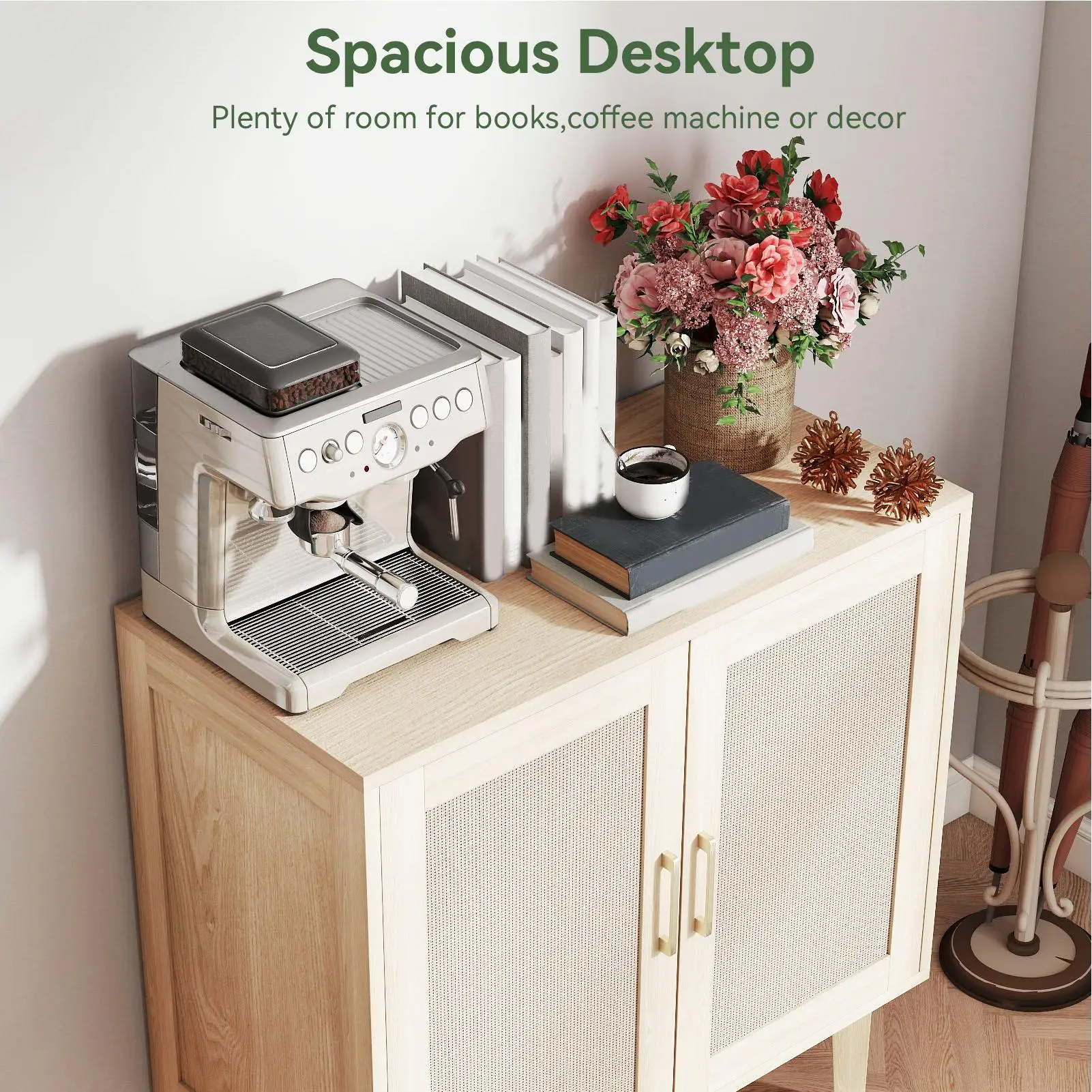 

Buffet Cabinet with Rattan Decor Doors Solid Wood Feet Multifunctional Sideboard Cabinet for Dining Room Kitchen Light Oak