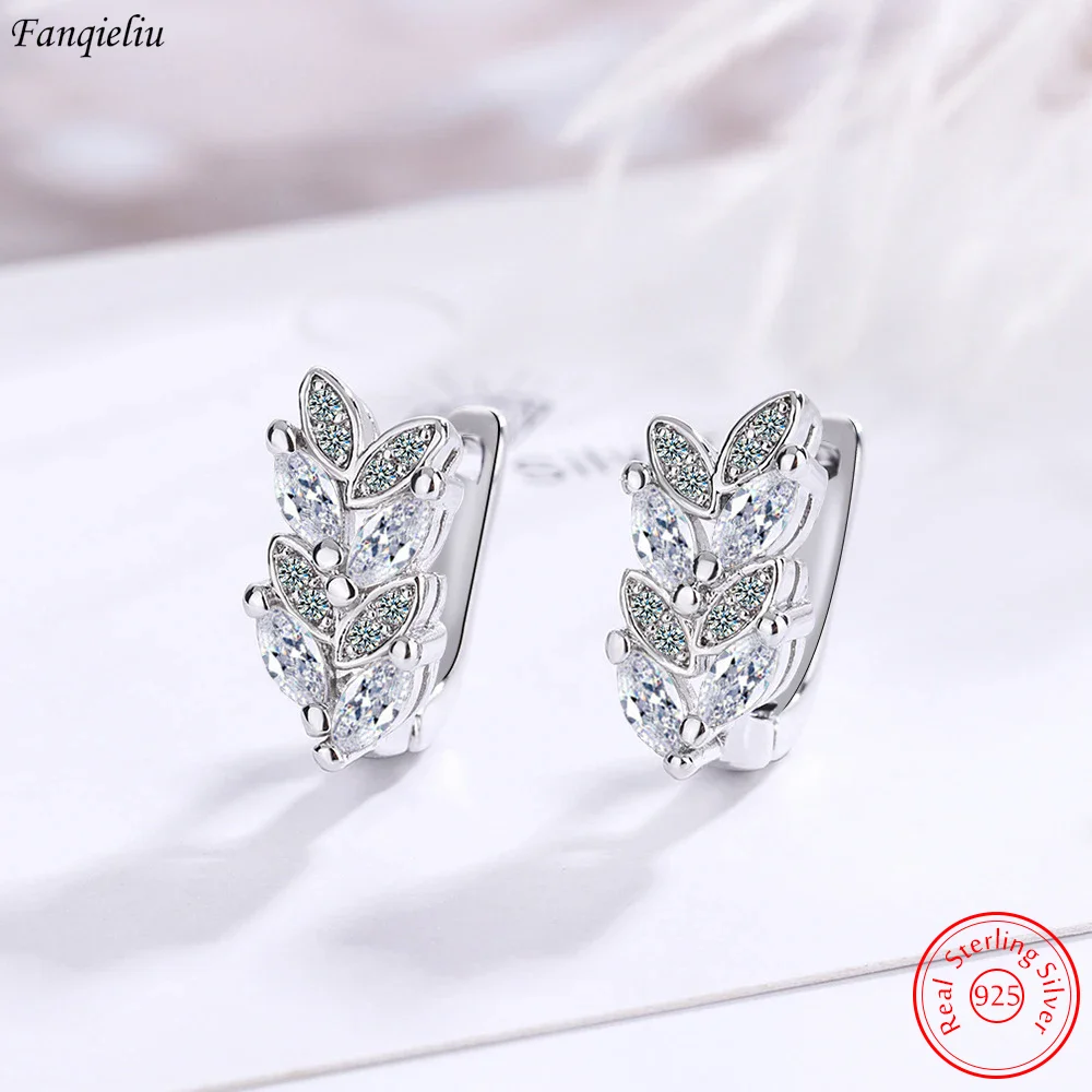 Fanqieliu Solid 925 Sterling Silver Crystal Olive Leaf Hoop Earrings For Women Vintage Jewelry New FQL21459