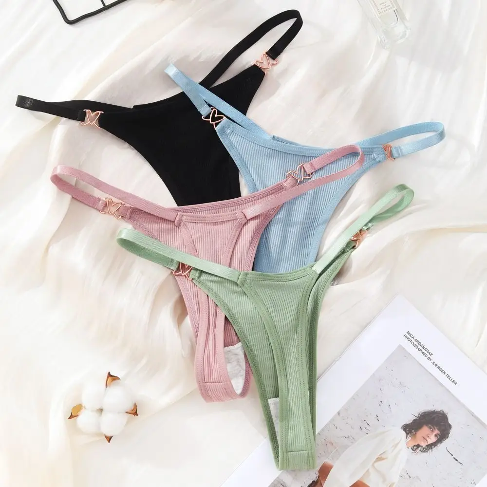 Comfortable Solid Color Sexy Cotton Thong Heart Buckle G-String Thread Panties Underwear Low Waist Traceless Briefs Lady