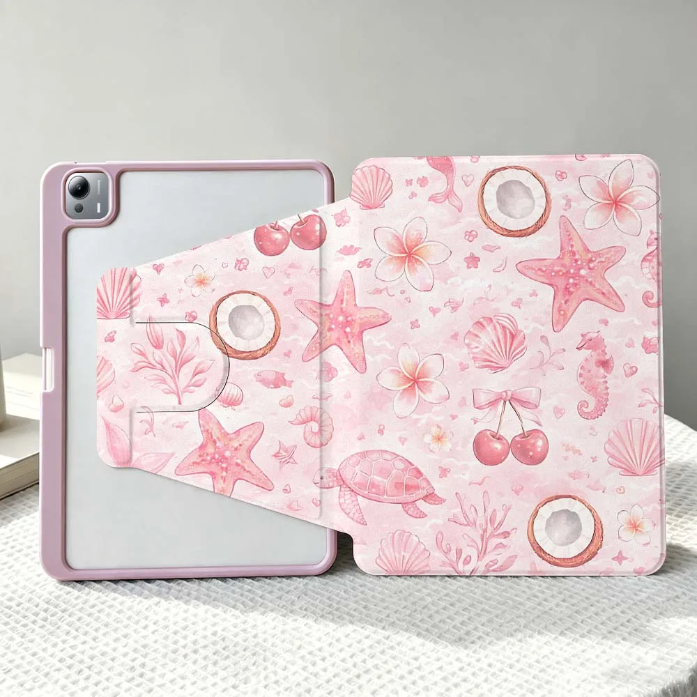 Pink Design With Ocean Motifs For Xiaomi Mi Redmi Poco Pad 8 7 7S 6 6S 5 SE Pro Ultra 360° Rotation Stylus Storage Tablet Case