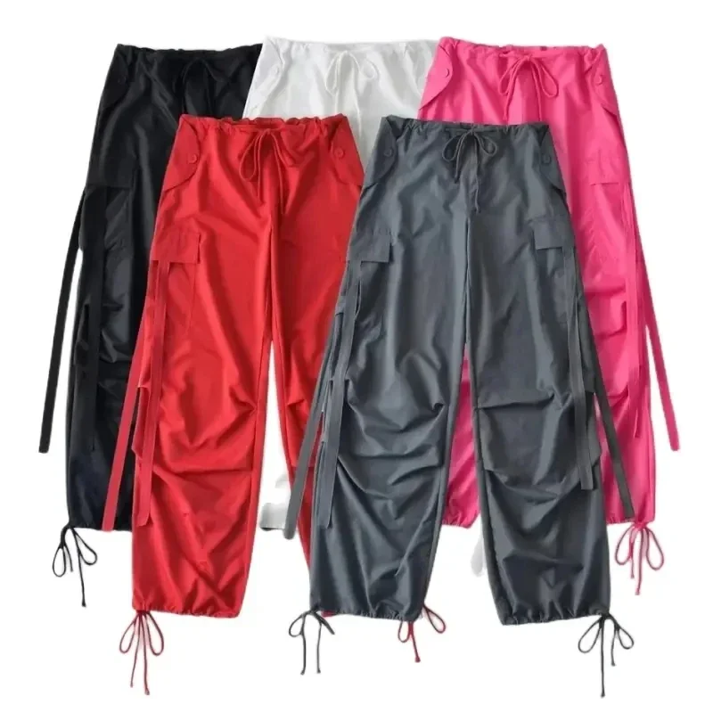 Pantalones cargo con cordón para mujer con múltiples bolsillos grandes, pantalones con cinturón, cintura baja, pantalones de pierna ancha, hip hop,