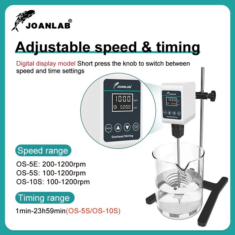 Joanlab agitador de laboratório misturador de alta potência laboratório elétrico display digital agitador suspenso 5/10l 1200rpm 110/220v OS-10S