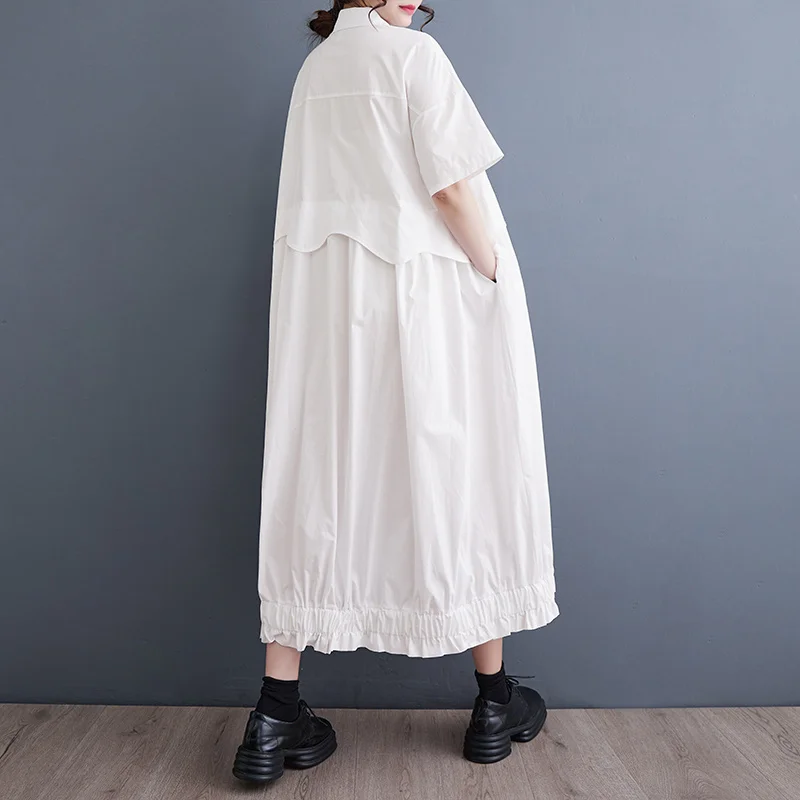 #3419 Black White Long Shirt Dress Women Turn-down Collar Split Joint Flower Pleated A-line Dress Short Sleeve Loose Summer 2024