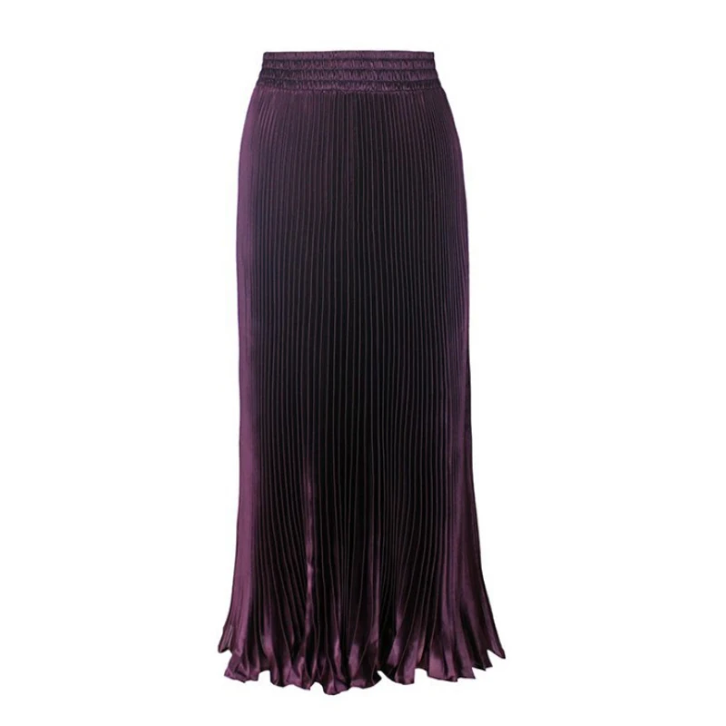 Elegant Pleated Satin Long Skirts For Woman Street Style High-Waist Straight Skirts 2026 Casual Black Ankle Length Skirt Summer