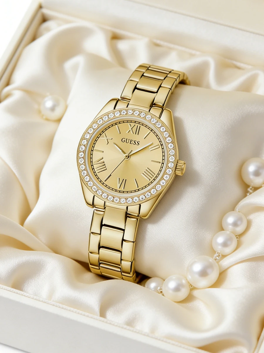 Guess Women’s Mini Luna Watch, Gold Crystal Bezel Stainless Steel Bracelet GW0841L7