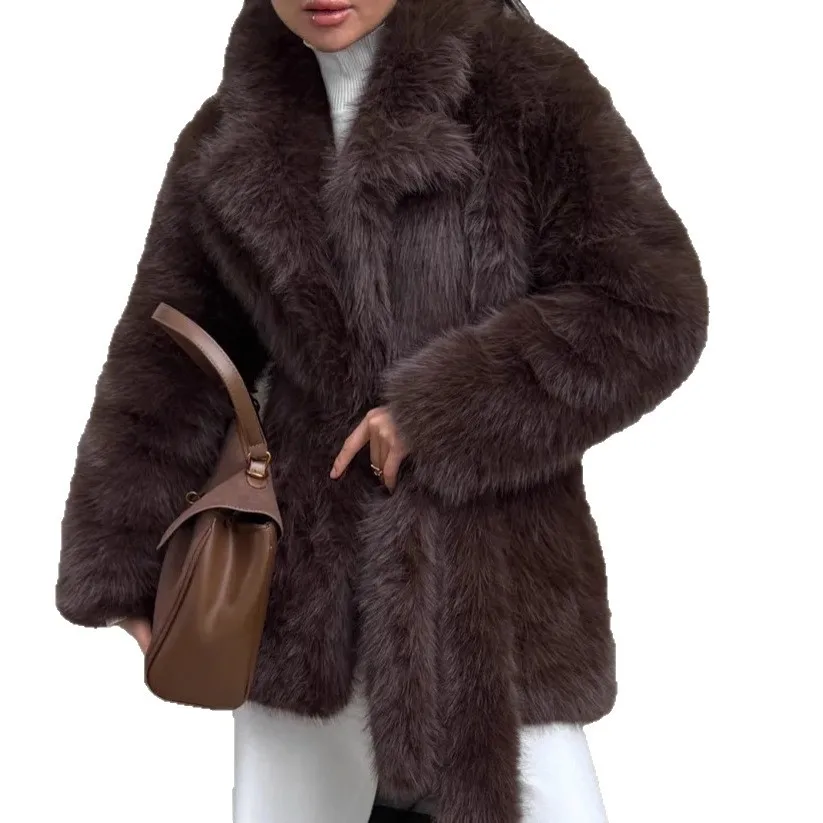 Mantel Bulu Imitasi Wanita Model Fox Fur, Jaket Bulu Panjang Sedang, Kerah Berlipat dengan Tali, Lengan Panjang, Tebal, Longgar, Kasual, Musim Gugur Musim Dingin 2025
