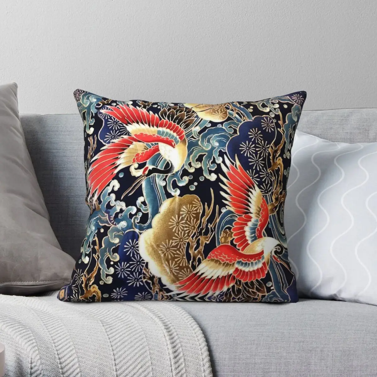 Japanese Cranes Flowers Sea Waves Square Pillowcase Polyester Linen Velvet Creative Zip Decor Pillow Case Home Cushion Cover