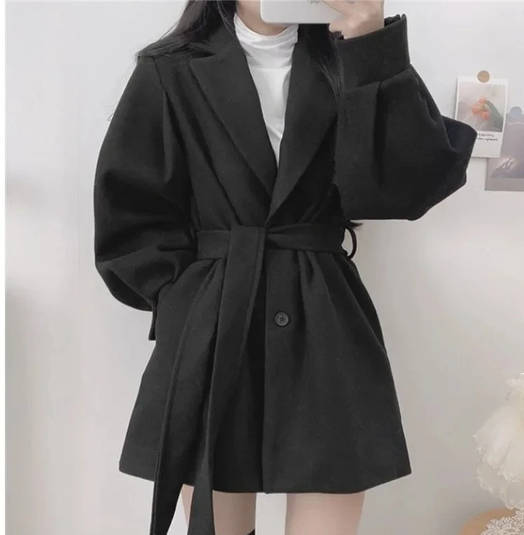

Korean Style Autumn Winter Woolen Coat Women's Double Breasted Slim Fit Medium Length Material Hepburn Style Jacket