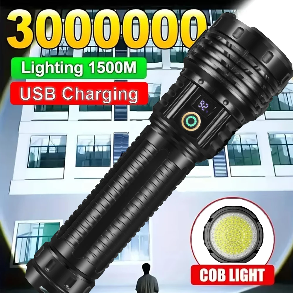 

Powerful LED COB Flashlight Battery Display USB Rechargeable Light Telescopic Zoom Torch Lamp Outdoor Camping Fishing Lantern