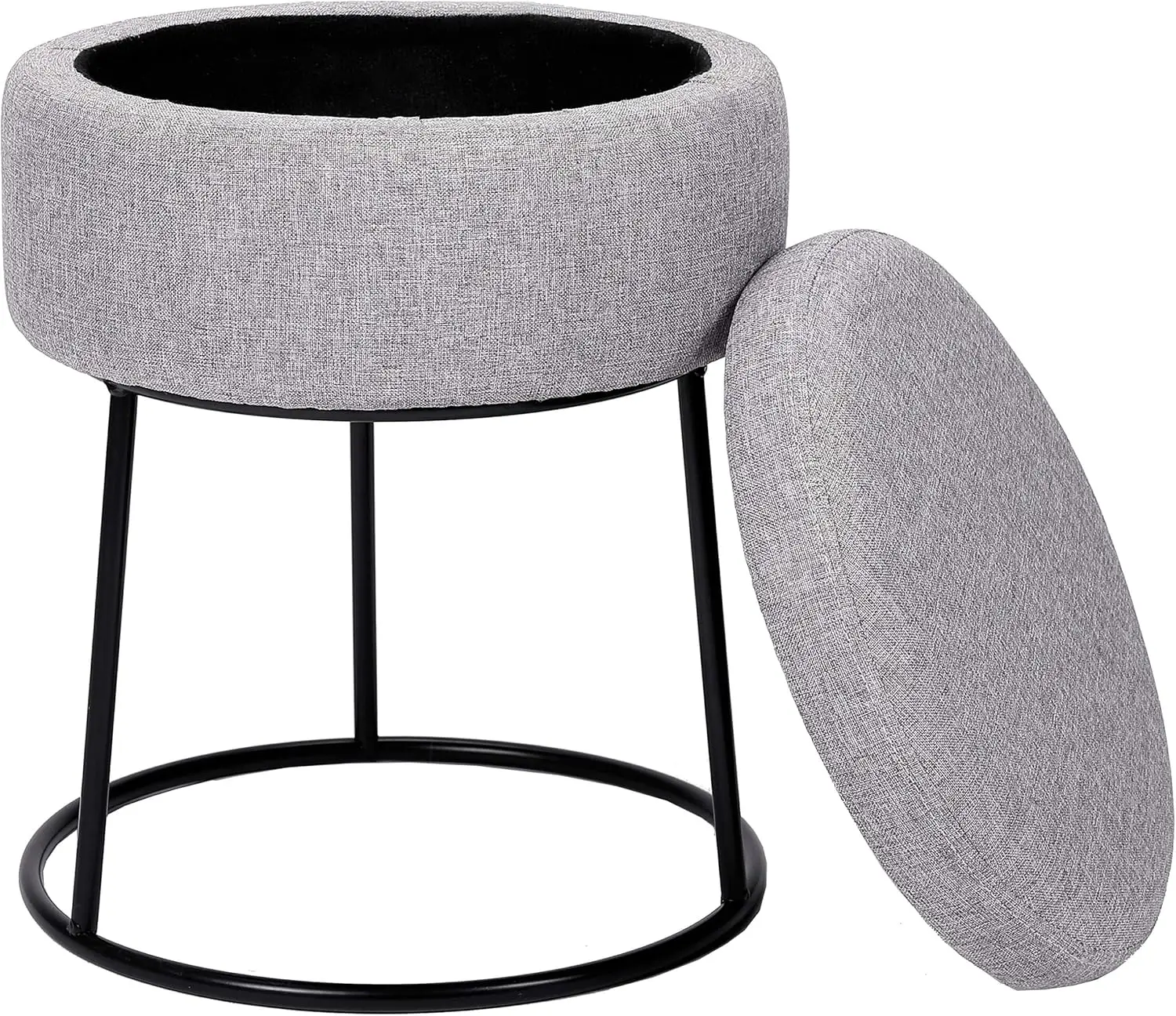 

Grey Linen Storage Stool Ottoman W/Bla Metal Leg Base, Soft Compact Padded Seat Footrest, Small Footstool For Living Room