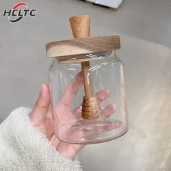 1pcs Honey Jar Advanced High Borosilicate Glass Sealed Tank Mixing Rod With Wooden Cover Transparent Honey Bottle