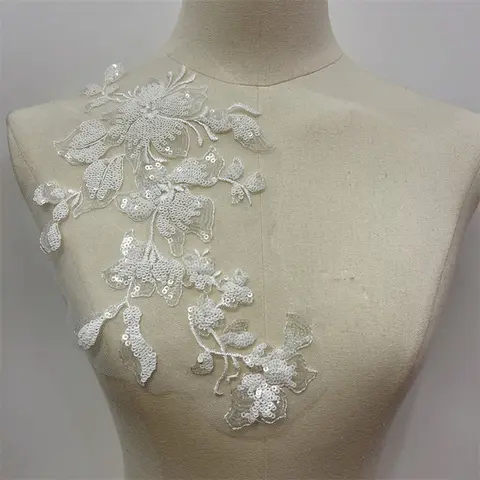 1 Pc White Sequin Embroidery Patches Fabric Applique DIY Evening Dress Wedding Decoration Lace Patch Sewing Repair