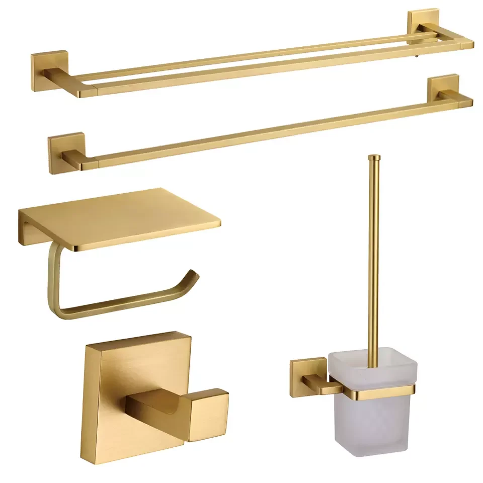 Brushed Gold square Bathroom Hardware Set Accessories Brass Material