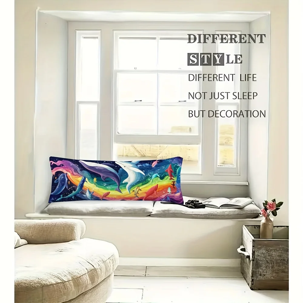 A Long Pillowcase Featuring Rainbow-Colored Ocean Animals, Double-Sided Print, Measuring 20X54 Inches, Suitable for Decorating S