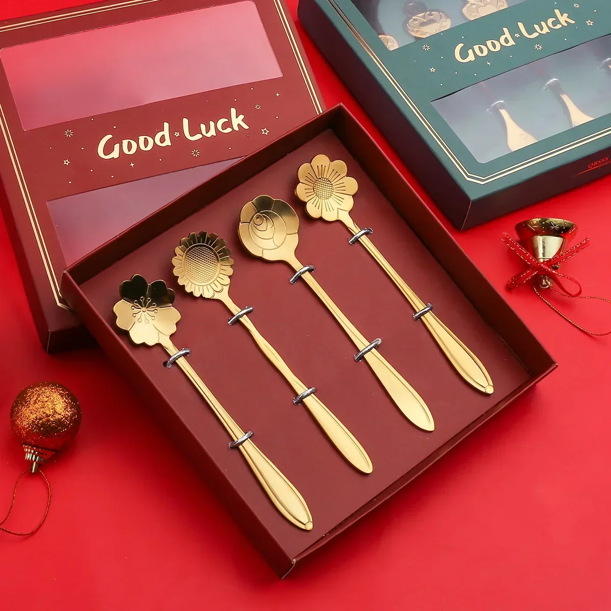 Luxury Flower Spoon Set 2/4 Pieces Golden Coffee Spoon Gift Box Stainless Steel Small Teaspoon Creative Gold Spoon