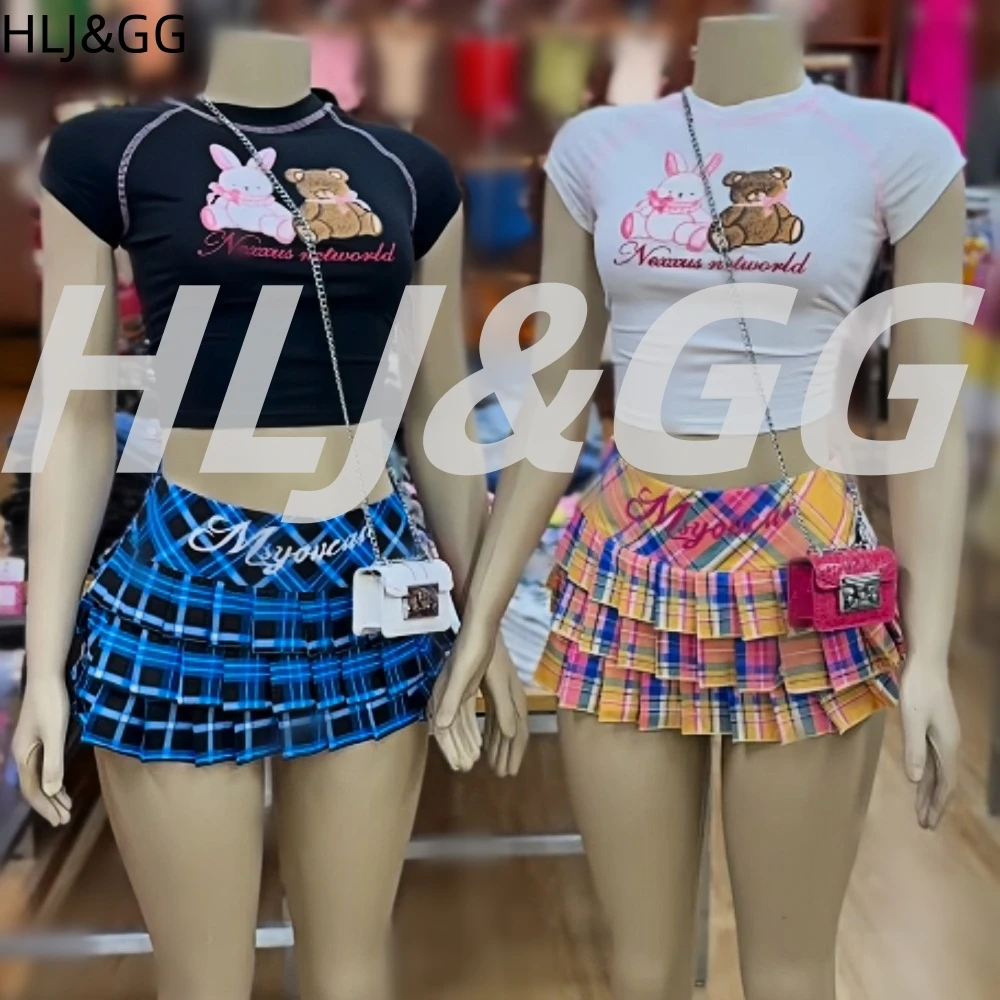

HLJ&GG Y2K Fashion Plaid Print Pleated Mini Skirts Two Piece Sets Women O Neck Slim Crop Top And Skirts Outfit Summer Streetwear