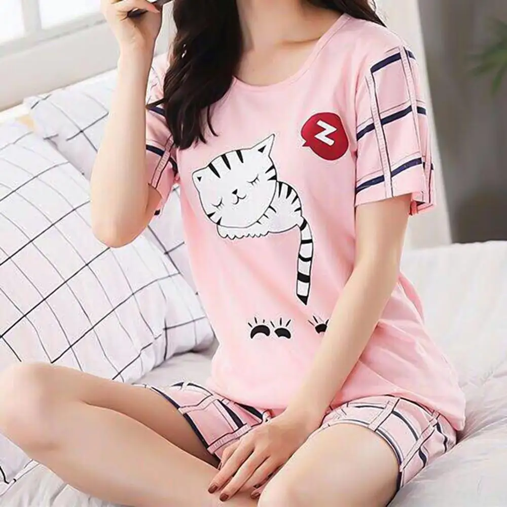 

Cartoon Cats Print Pajamas Set Short Sleeve Cats T-shirt Shorts Pajamas Set Homwear Women Outfit Loose Women Pajamas Sleepwear