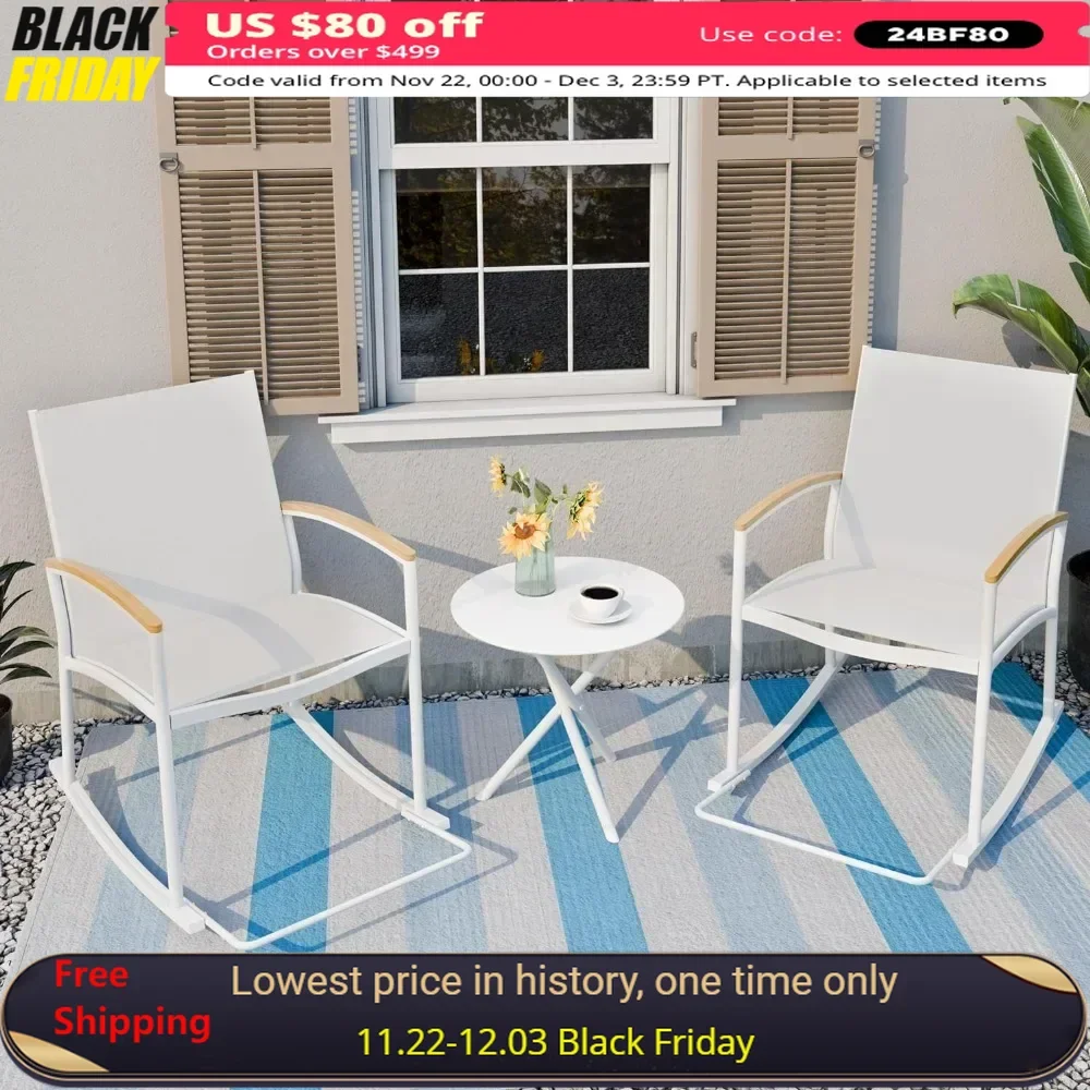 

3 Piece Patio Bistro Set - Two Chairs with Coffee Table, Outdoor Breathable Rocking Chair and Black Furniture Conversation Sets