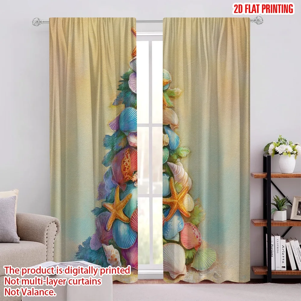

2pcs,2D plane printing Curtains Christmas Tree Beach Versatile Durable Polyester (without rod) All Seasons Perfect for Bedroom,
