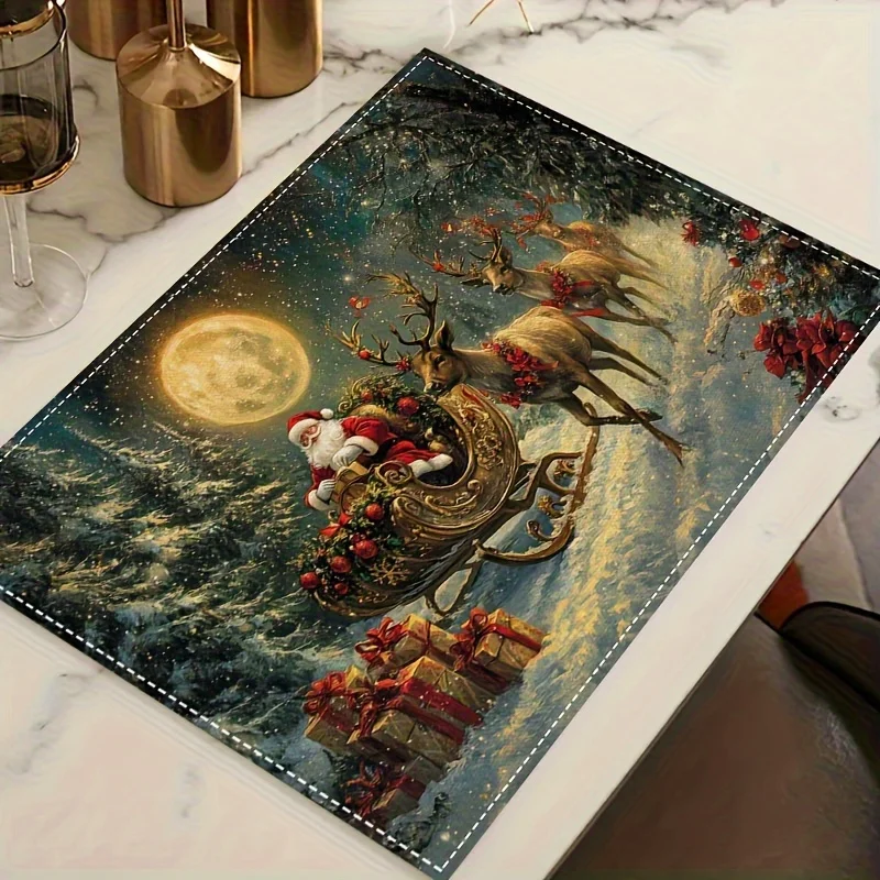 Vintage Oil‑paint X‑mas Sleigh‑flight Art Table Placemat Household Dinner Table Accessory for Festive Vibe