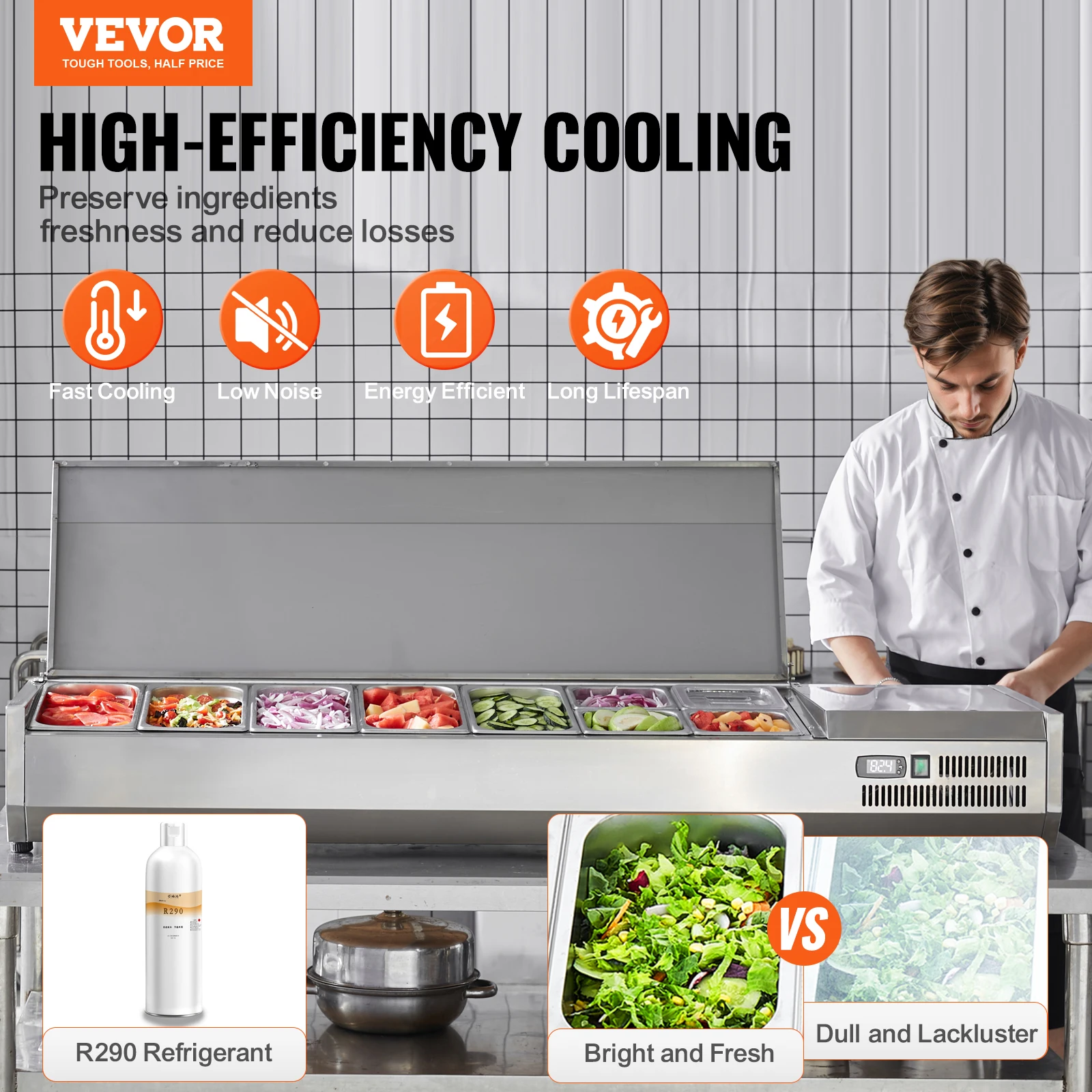 VEVOR Refrigerated Condiment Prep Station, 160W Countertop Condiment Station, with 5 1/3 Pans & 4 1/6 Pans, 304 Stainless Body