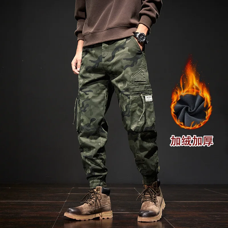

Fleece-Lined Camouflage Casual Multi-Pocket Loose Zipper Jogger Pants for Men Autumn Youth Trendy Brand Cargo Pants for Men