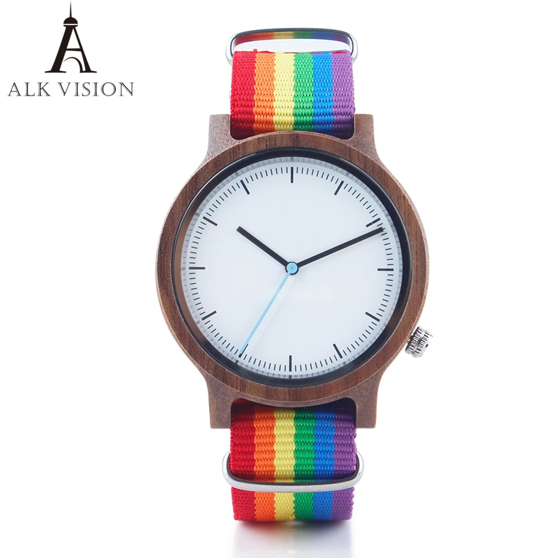 

ALK Vision Wood Watches Top Pride Rainbow Watch Luxury Brand Women Mens Wooden Clock Nylon Canvas Fashion Casual Wristwatch