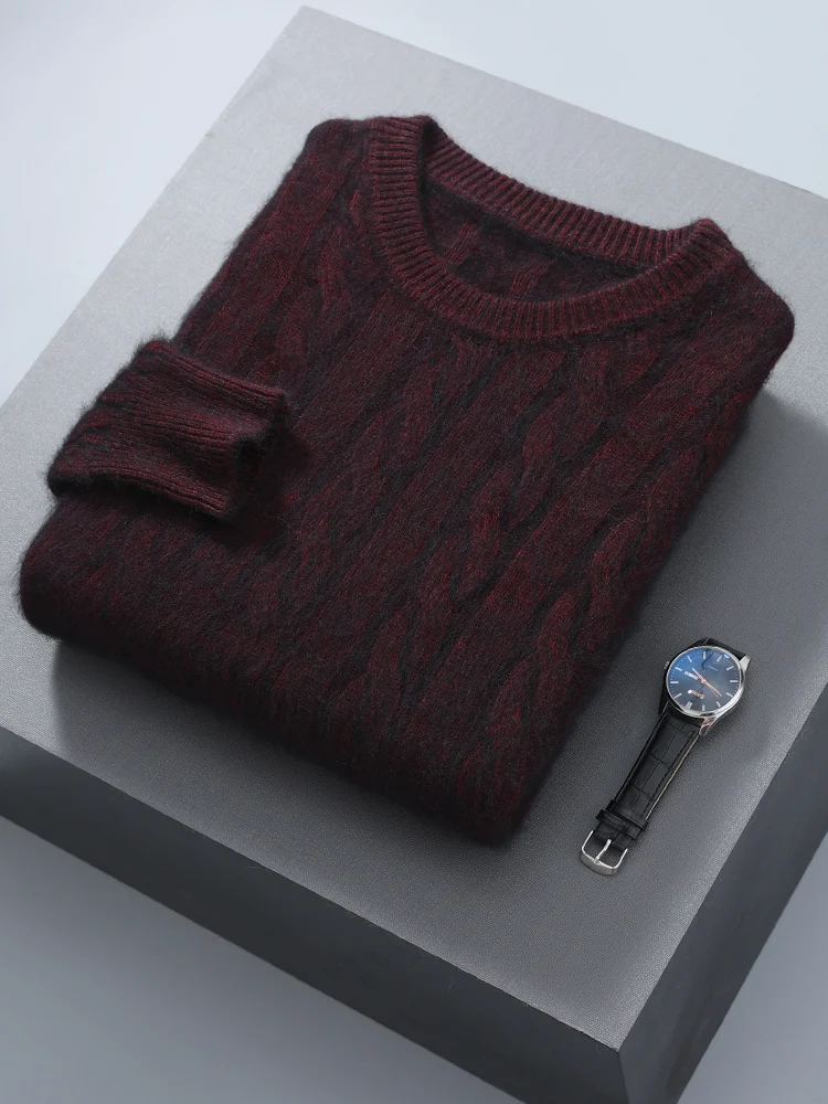 Autumn Winter Men Round Neck Cashmere Sweater Cable Knitting Smart Casual Pullover 100% Mink Cashmere Knitwear High Quality Top