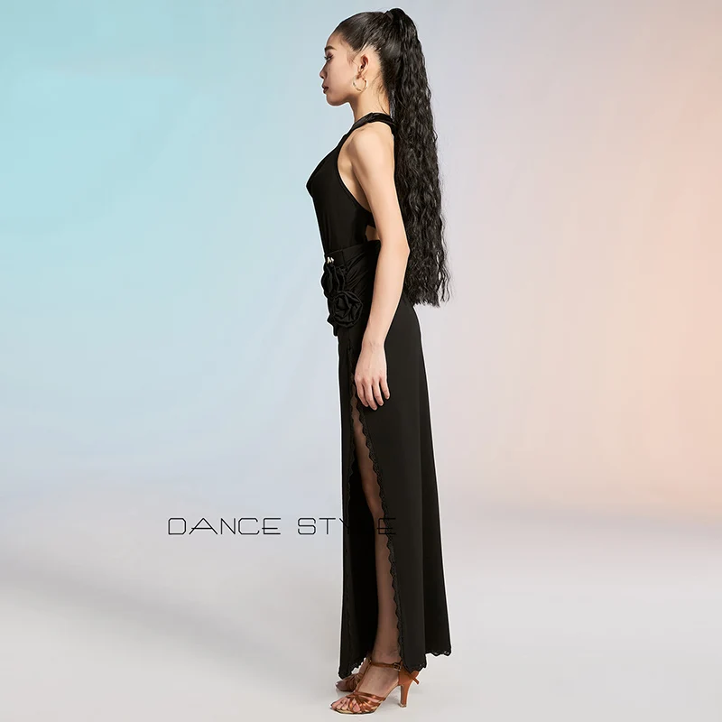 Volwassen Sexy Latin Dans Kleding Vrouwen Prestaties Kleding Tango Rumba Toneelkostuum Zwart Backless Bodysuit Spleet Rok VBH2081
