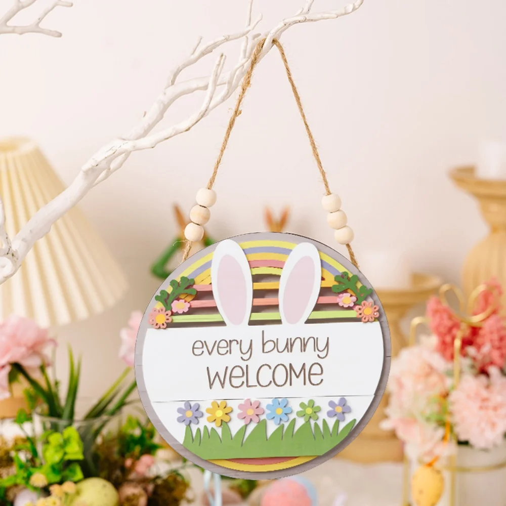Bunny Egg Decorative Sign Colorful Easter Wooden Door Sign Rustic Easter Door Hanging Playful Happy Easter Hanging Doorplate