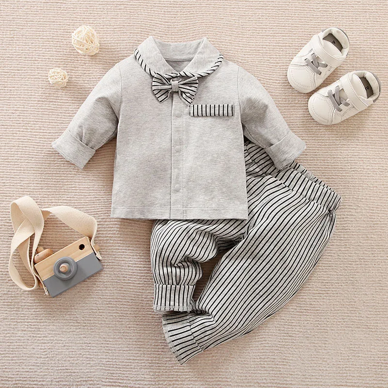 Newborn Clothing Solid Color Fashion Preschool Set Long Sleeved Casual Comfortable Gray Stripe Autumn/Winter Long Sleeved Set